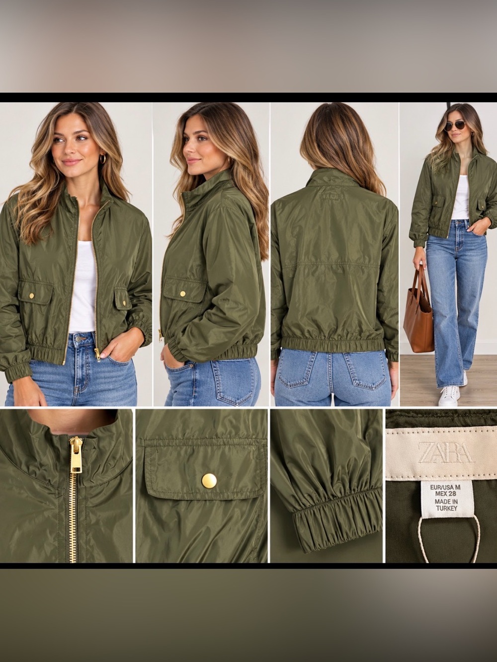 Zara Olive Green Lightweight Bomber Jacket Gold Hardware Size Medium NWT
